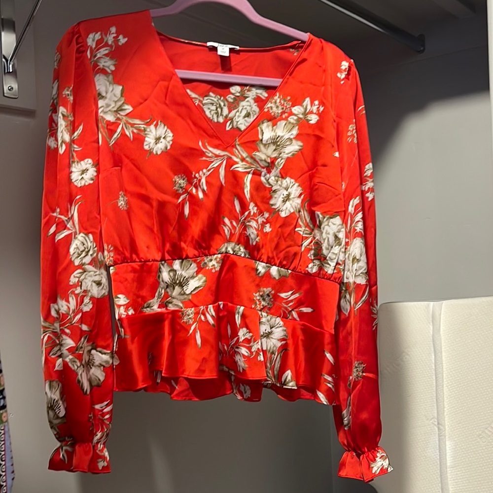 Orange, satin, v-neck blouse